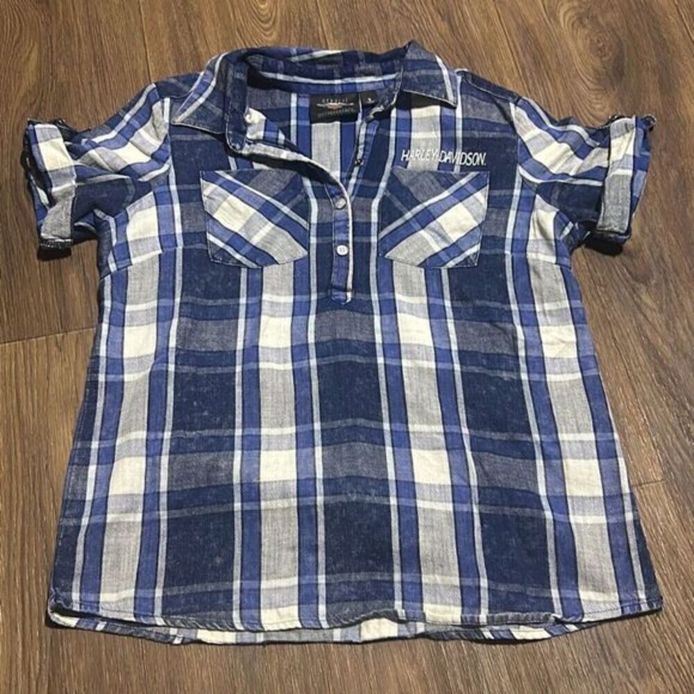 Harley Davidson Womens Blue Plaid Motorcycle Snap Henley Roll-Tab Shirt Small